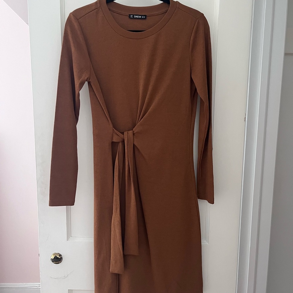 Brown Tie-Front Long Sleeve Dress